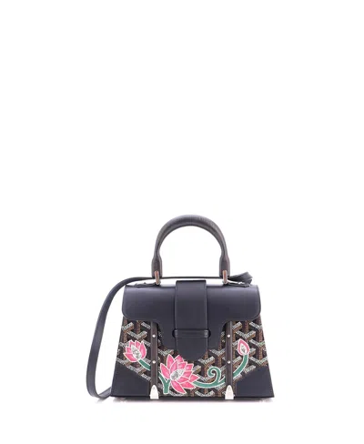 Pre-owned Pre-owned Goyard  Goyard Mini Structured Saigon Top Handle Bag Embroidered Coated Canvas With Leather In Black