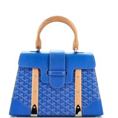 Pre-owned Goyard  Goyard Saigon Top Handle Bag Coated Canvas With Leather Mm In Blue