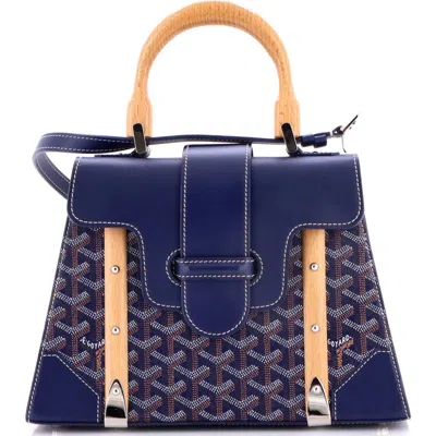 Pre-owned Goyard  Goyard Saigon Top Handle Bag Coated Canvas With Leather Pm In Blue