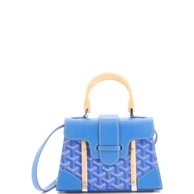 Pre-owned Goyard  Goyard Structured Saigon Top Handle Bag Coated Canvas With Leather Mini In Blue