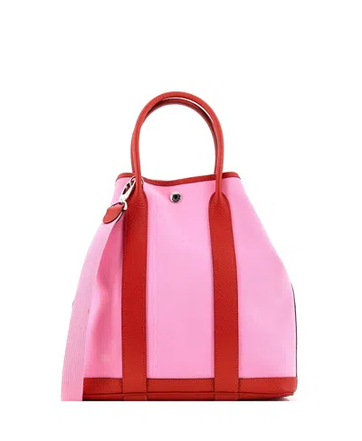 Pre-owned Pre-owned Hermes  Hermes 28 Garden File Tote Toile And Leather In Pink/ Pink/ Red