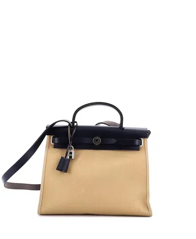 Pre-owned Pre-owned Hermes  Hermes 31 Herbag Zip Leather And Toile In Neutral/ Blue/ Natural
