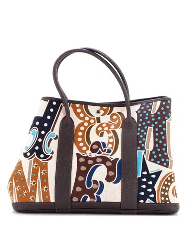 Pre-owned Pre-owned Hermes  Hermes 36 Electrique Garden Party Canvas & Leather Tote In Print/ Brown/ Brown