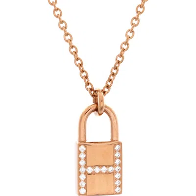 Pre-owned Hermes  Hermes Amulettes Cadenas Pendant Necklace 18k Rose Gold With Diamonds In Brown