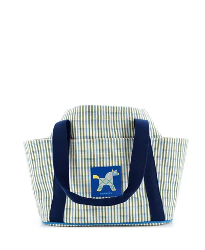Pre-owned Pre-owned Hermes  Hermes Animaux Nattes Canvas Tote In Blue/ Blue/ Green