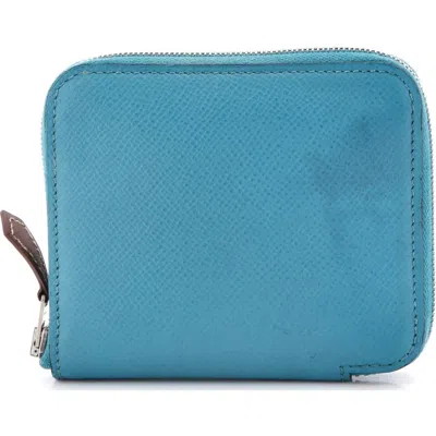 Pre-owned Hermes  Hermes Azap Zip Around Wallet Silk'in Epsom Compact In Blue