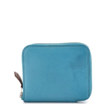 Pre-owned Hermes  Hermes Azap Zip Around Wallet Silk'in Epsom Compact In Blue