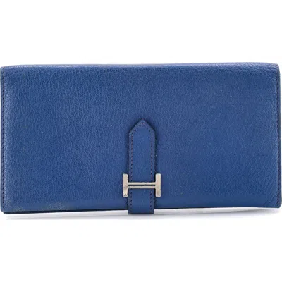Pre-owned Hermes  Hermes Bearn Wallet Chevre Mysore Long In Blue
