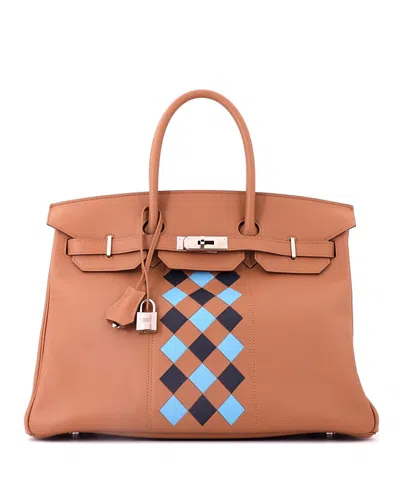 Pre-owned Pre-owned Hermes  Hermes Birkin 35 Handbag Tressage Brown Swift And Palladium Hardware In Tressage- Gold/bleu Du Nord/indigo