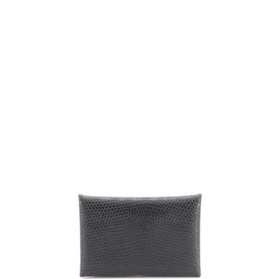 Pre-owned Hermes  Hermes Calvi Card Holder Lizard In Black
