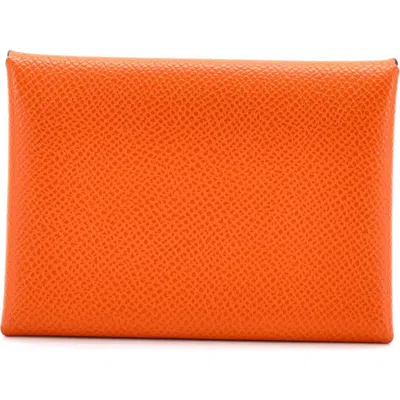 Pre-owned Hermes  Hermes Calvi Duo Card Holder Epsom In Orange