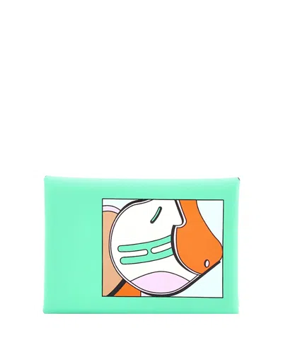 Pre-owned Pre-owned Hermes  Hermes Calvi Duo Card Holder Printed Leather In Green
