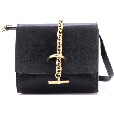 Pre-owned Hermes  Hermes Chaine D'ancre Compact Wallet On Strap Chevre Mysore In Black