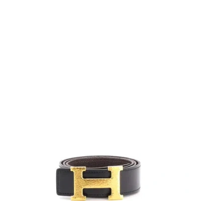 Pre-owned Hermes  Hermes Constance Martelee H Reversible Belt Leather With Hammered Hardware Medium In Black