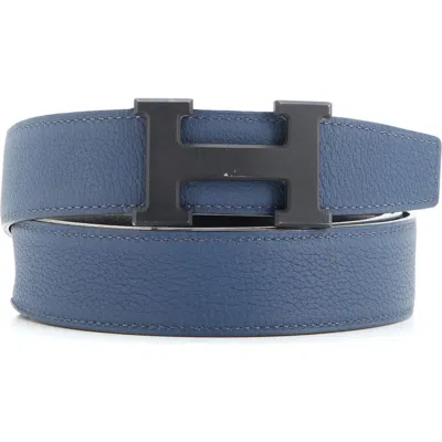 Pre-owned Hermes  Hermes Constance Reversible Belt Leather With So Black Matte Hardware Wide In Blue