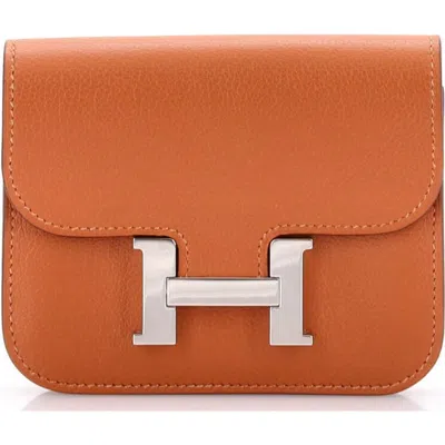Pre-owned Hermes  Hermes Constance Slim Wallet Evercolor In Orange