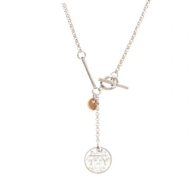 Pre-owned Hermes  Hermes Ex-libris Long Necklace Sterling Silver With 18k Rose Gold Small