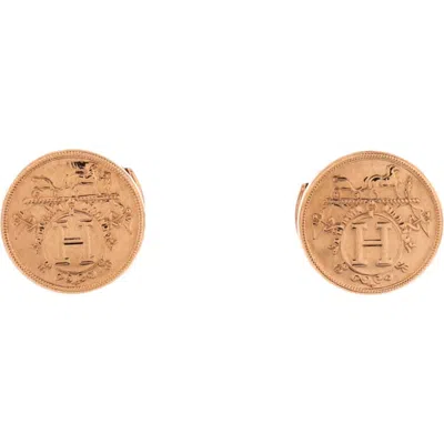 Pre-owned Hermes  Hermes Ex-libris Stud Earrings 18k Rose Gold Xs In Brown