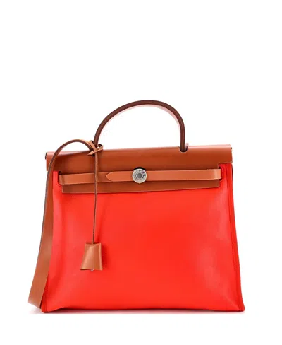 Pre-owned Pre-owned Hermes  Hermes Herbag Zip 31 Canvas & Leather Shoulder Bag In Orange/ Brown/ Orange