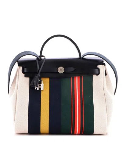 Pre-owned Pre-owned Hermes  Hermes Herbag Zip 31 Rayures D'equipage Canvas & Leather Tote In Black/ Black/ Black