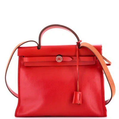 Pre-owned Hermes  Hermes Herbag Zip Berline Vache Canvas And Leather 31 In Red