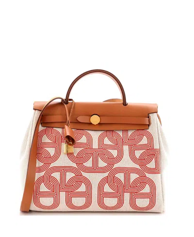 Pre-owned Pre-owned Hermes  Hermes Herbag Zip Canvas & Leather Tote In Brown/ Brown/ Orange