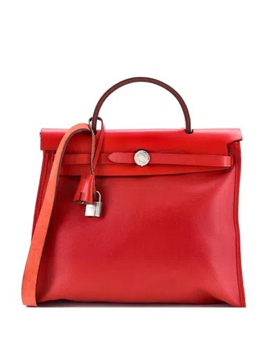 Pre-owned Pre-owned Hermes  Hermes Herbag Zip Canvas & Leather Tote In Red