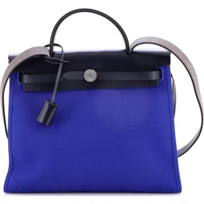 Pre-owned Hermes  Hermes Herbag Zip Leather And Toile 31 In Blue
