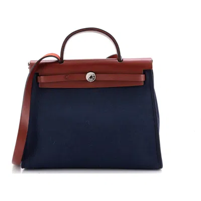 Pre-owned Hermes  Hermes Herbag Zip Leather And Toile 31 In Blue
