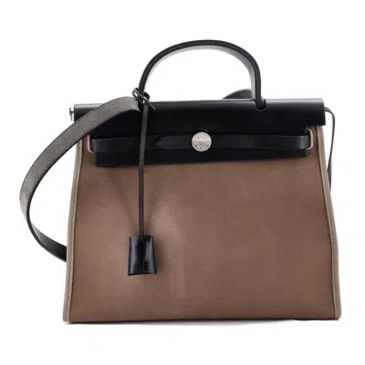 Pre-owned Hermes  Hermes Herbag Zip Leather And Toile 31 In Brown