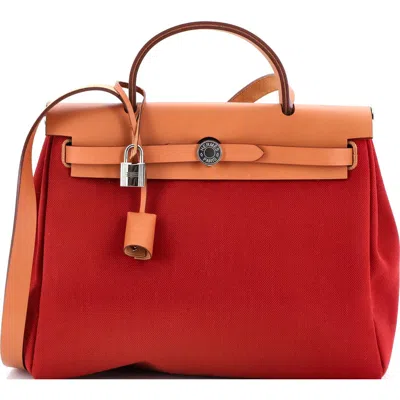 Pre-owned Hermes  Hermes Herbag Zip Leather And Toile 31 In Burgundy