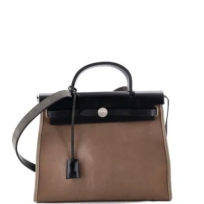 Pre-owned Hermes  Hermes Herbag Zip Leather And Toile 31 In Gray