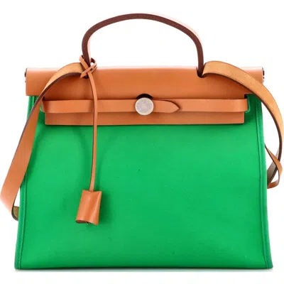 Pre-owned Hermes  Hermes Herbag Zip Leather And Toile 31 In Green