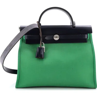 Pre-owned Hermes  Hermes Herbag Zip Leather And Toile 31 In Green