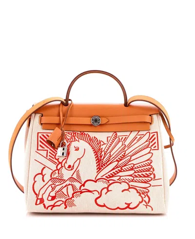 Pre-owned Pre-owned Hermes  Hermes Herbag Zip Pegase Pop Toile & Leather Shoulder Bag In Neutral/ Natural/ Red