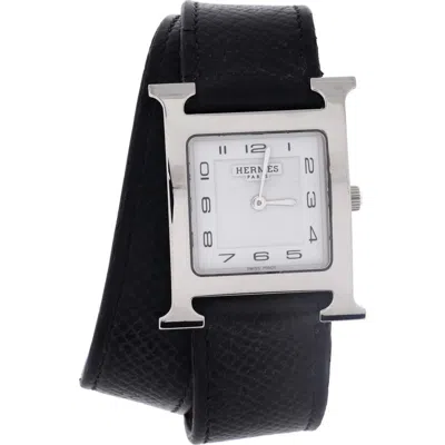 Pre-owned Hermes  Hermes Heure H Double Tour Quartz Watch Plated Metal And Leather 26 In Silver