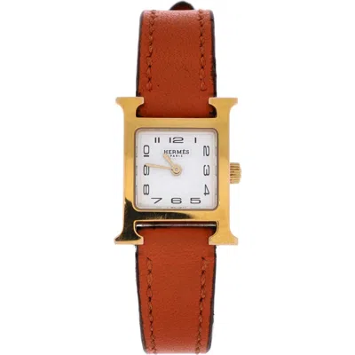 Pre-owned Hermes  Hermes Heure H Quartz Watch Plated Metal And Leather 21 In Orange