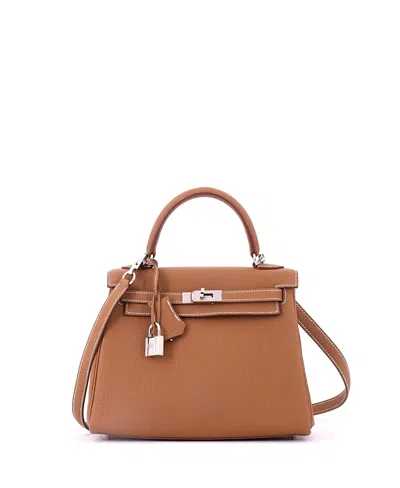Pre-owned Pre-owned Hermes  Hermes Kelly 25 Handbag Brown Togo With Palladium Hardware In Gold