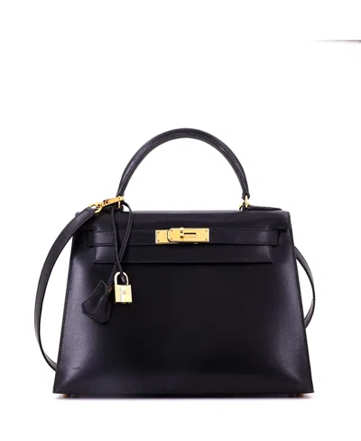 Pre-owned Pre-owned Hermes  Hermes Kelly 28 Handbag Black Box Calf With Gold Hardware In Noir