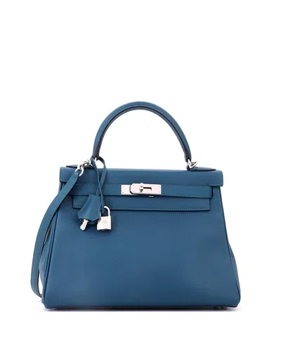 Pre-owned Pre-owned Hermes  Hermes Kelly 28 Handbag Blue Epsom With Palladium Hardware