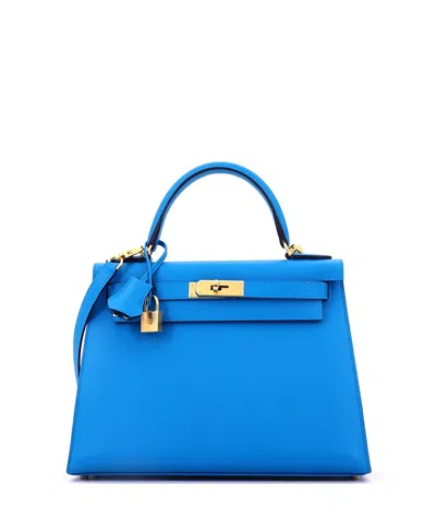 Pre-owned Pre-owned Hermes  Hermes Kelly 28 Handbag Blue Madame With Gold Hardware