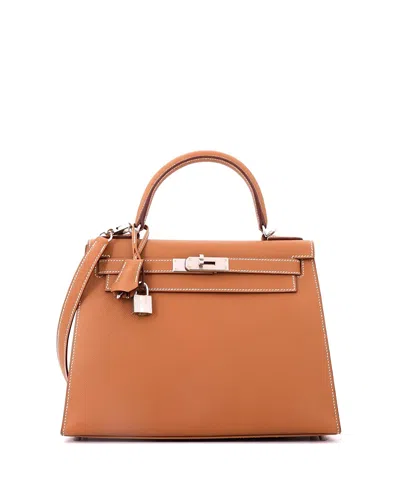 Pre-owned Pre-owned Hermes  Hermes Kelly 28 Handbag Brown Epsom With Palladium Hardware In Gold