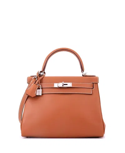 Pre-owned Pre-owned Hermes  Hermes Kelly 28 Handbag Brown Madame With Palladium Hardware In Gold