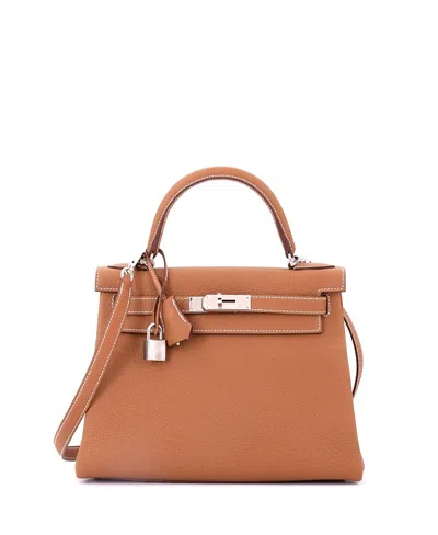 Pre-owned Pre-owned Hermes  Hermes Kelly 28 Handbag Brown Togo With Palladium Hardware In Gold