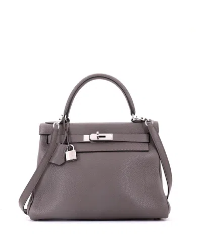 Pre-owned Pre-owned Hermes  Hermes Kelly 28 Handbag Grey Clemence With Palladium Hardware In Etain