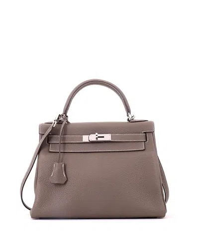 Pre-owned Pre-owned Hermes  Hermes Kelly 28 Handbag Grey Clemence With Palladium Hardware In Etoupe