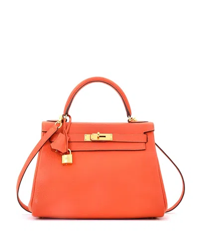Pre-owned Pre-owned Hermes  Hermes Kelly 28 Handbag Orange Clemence With Gold Hardware