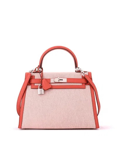 Pre-owned Pre-owned Hermes  Hermes Kelly 28 Handbag Toile And Brown Swift With Palladium Hardware