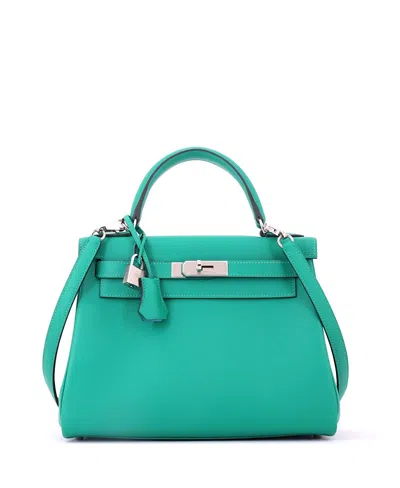 Pre-owned Pre-owned Hermes  Hermes Kelly 28 Handbag Verso Evercolor With Palladium Hardware In Verso - Vert Verone/bleu Du Nord