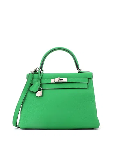 Pre-owned Pre-owned Hermes  Hermes Kelly 28 Leather Palladium Satchel In Bamboo